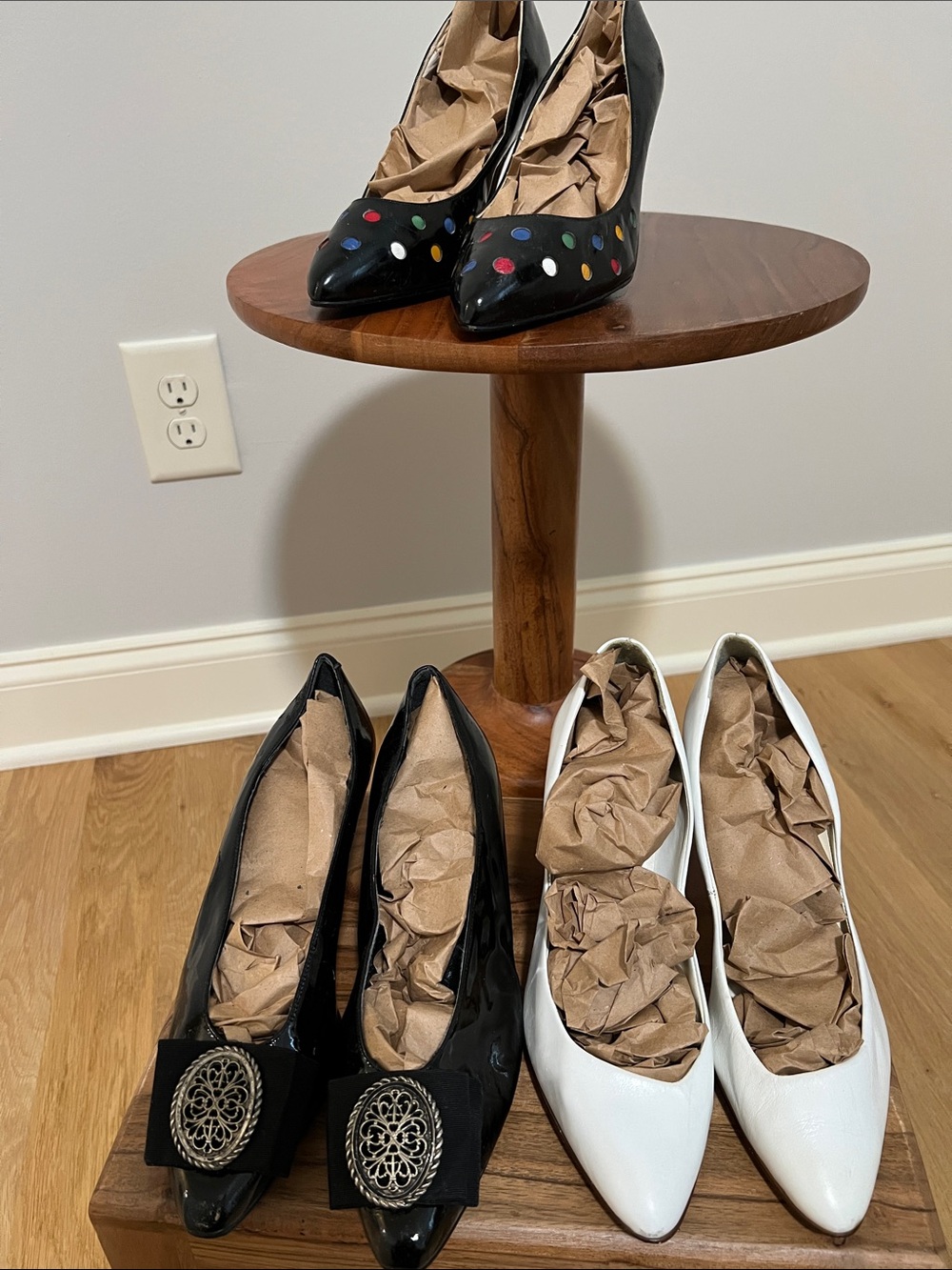 Gheraldo Black Patent Pointed Heels with Multicolor Dot Accents